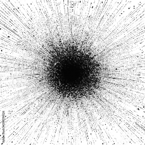 Halftone Explosion Graphic with Abstract Dots and Sunbeam Starburst Pattern