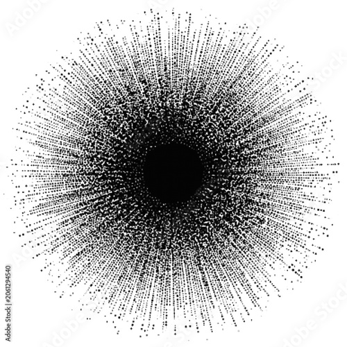 Abstract Radial Dot Explosion with Vintage Halftone Texture and Sun Ray Effect