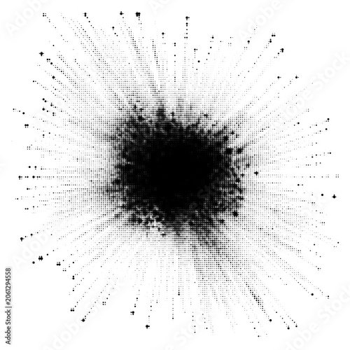 Radial Halftone Starburst with Geometric Dot Gradient and Retro Design
