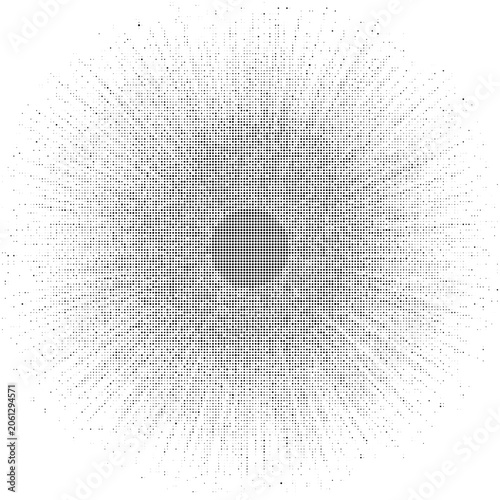 Grainy Halftone Burst Element with Radial Sunbeam Shape and Dot Texture