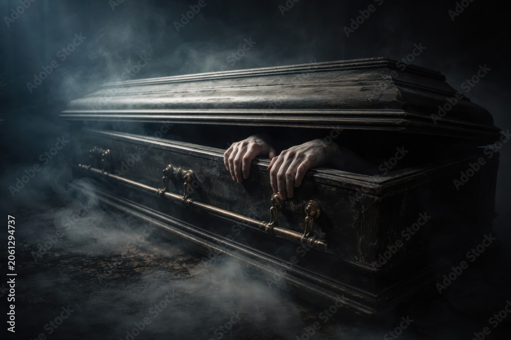 Fototapeta premium A dark, eerie coffin is partially open with two hands gripping the edge, surrounded by mist and shadows creating a spooky atmosphere.