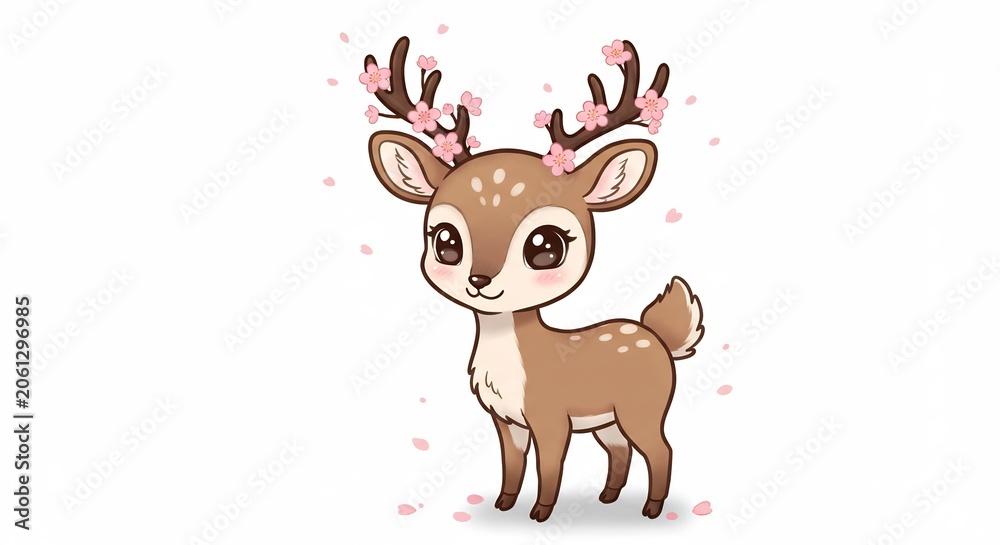 Fototapeta premium Sweet kawaii baby deer stands gently with blooming cherry blossoms on antlers a delightful soft spring aesthetic. AI Generated