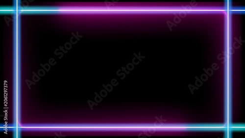 ネオン　フレーム　枠　CG  ループ動画　キラキラ　光る　 おしゃれ　タイトル　オープニング　エンディング　Neon pink and blue glowing border frame on black background.Abstract rectangular shining frame.Loop video.