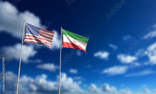 Usa us united state america iran iranian country national flag blue sky background wallpaper copy space middle east war crisis agreement contract politic government us usa united state america iran 