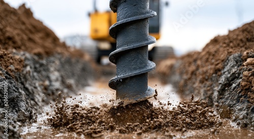 Industrial earth auger drilling into muddy ground on a construction site