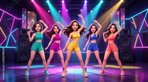 Colorful Dancing Women in Bikinis Enjoying Festive Nightlife Scene