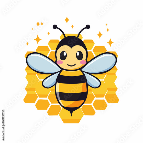 Cute Cartoon Bee on Honeycomb Background