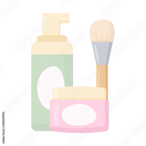 Skincare cosmetic products set with pump bottle cream jar and makeup brush vector illustration