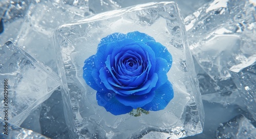 Captivating blue rose perfectly suspended within a translucent ice cube shimmering with cool light on frozen shards. AI Generated