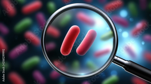 Magnifying glass examining red bacteria cells close up