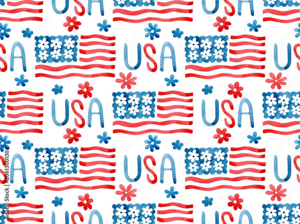 Fototapeta premium USA Independence Day. Cute seamless pattern with flag and flowers. 4th of July holiday.