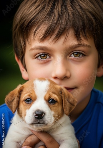 Innocence Embraced: A boy's gaze meets a puppy's soulful eyes.