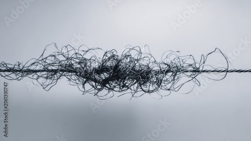 A tangled mess of dark threads tightly knotted on a thin, light-colored string. The extreme close-up captures the chaotic texture against a stark, monochromatic background.