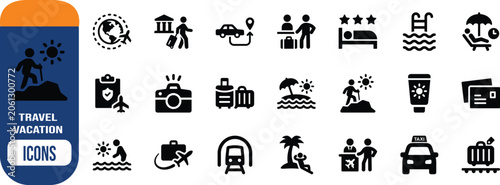 Travel and tourism flat vector icons. airplane icon set, suitcase icon set, hotel icon set