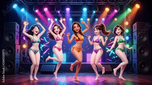 Energetic Women Dancing on Stage in Colorful Performance Lights