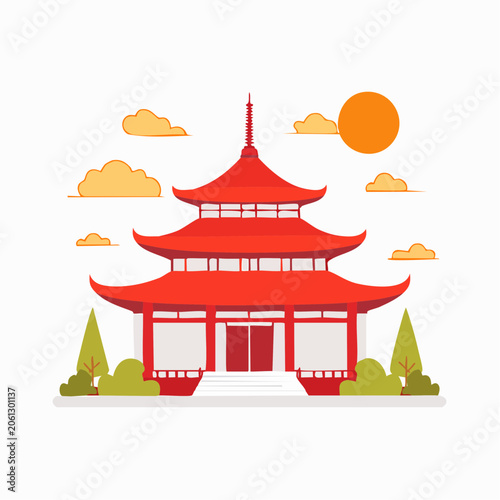 Traditional Japanese Pagoda Building with Sun and Clouds