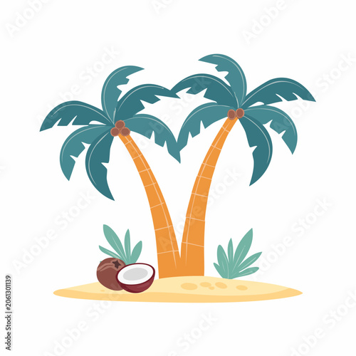 Two Palm Trees and Coconuts on a Tropical Island