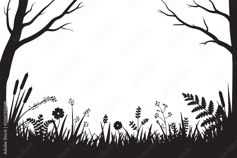 Fototapeta premium Black silhouette frame of wild forest nature with trees grass flowers and reeds for artistic background or pastoral border layout.