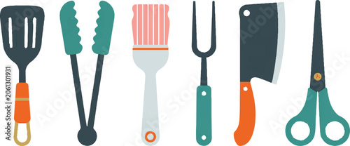 Vászonkép Barbecue cooking utensils set containing spatula and tongs with basting brush and meat fork plus shears for culinary prep tasks