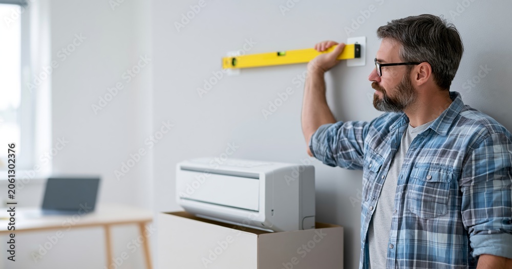 Obraz premium Man measuring wall for air conditioner installation