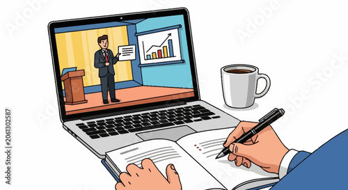 Businessman taking online course on laptop.