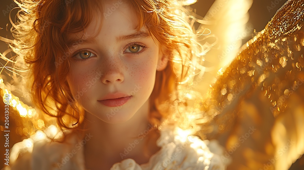 Close up of a young girl with red curly hair and freckles bathed in golden light