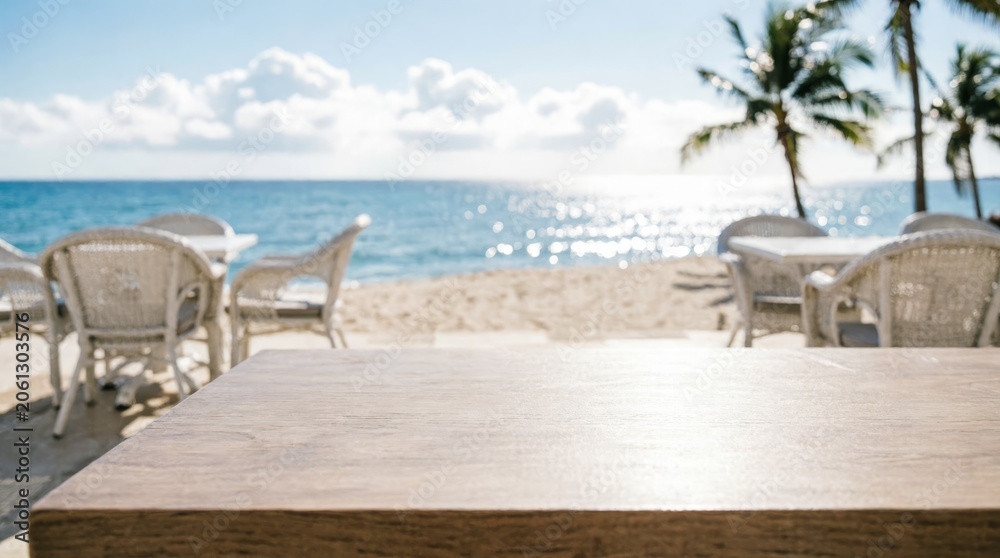 Fototapeta premium Wooden Table on Beach with Ocean View for Web Design