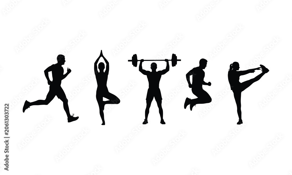 Fototapeta premium Silhouette of people engaging in various fitness activities such as running yoga weightlifting and dancing