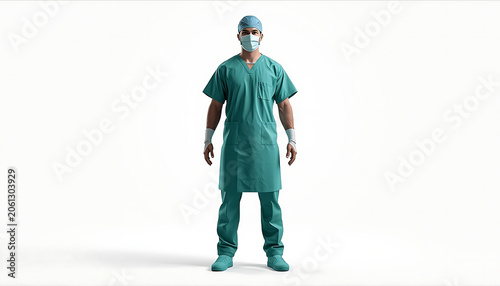 Surgeon stands in green scrubs with a face mask and cap against a plain white studio background area.