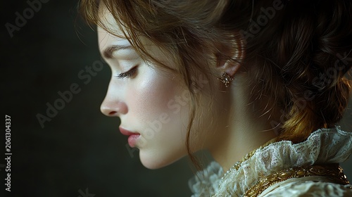 Profile view of a young woman with auburn hair and a detailed lace collar looking down
