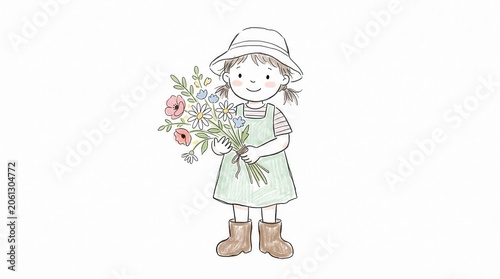 Cheerful girl wearing a sun hat, striped shirt, and green overalls holds a vibrant bouquet