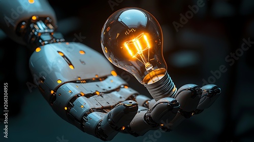 Robotic hand gently holding a glowing incandescent light bulb symbolizing innovation and technology