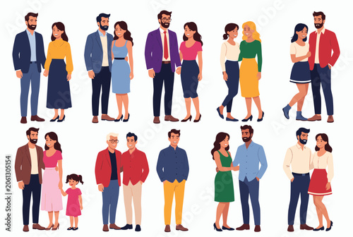Comprehensive set of diverse human figures representing various couples and a small family in a flat design illustration style.
