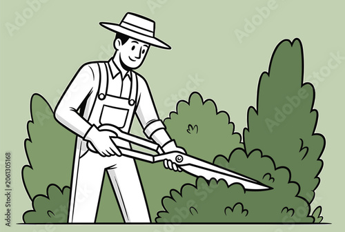 Gardener wearing a hat and overalls carefully trimming green garden bushes with a pair of large professional garden shears.