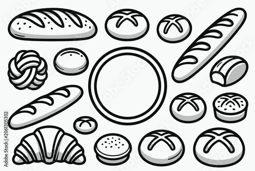 Black and white collection of various bread types including baguettes croissants buns and rolls in a clean graphic style.