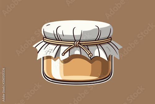 Rustic glass jar with a white cloth lid cover secured by a simple cord string depicted in an illustrated style on brown background.