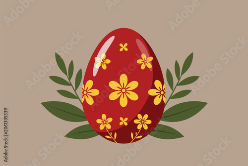 Beautifully decorated red Easter egg featuring yellow flower patterns surrounded by green leaves on a neutral background.