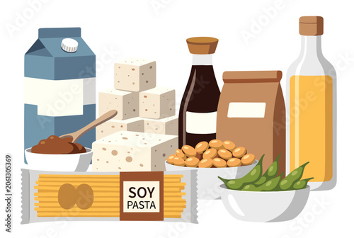 Assortment of various soy products including blocks of tofu soy milk edamame beans and pasta in a flat design illustration.