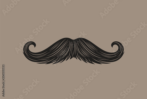 Stylized illustration of a classic thick mustache with curled ends often associated with vintage fashion or barbershop themes.