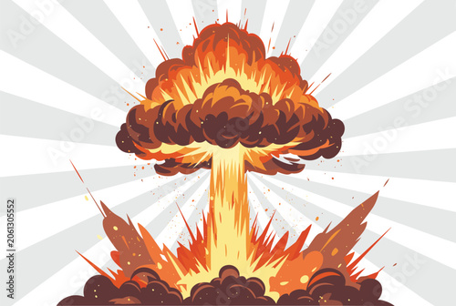 Powerful illustration of a massive explosion creating a fiery mushroom cloud with debris flying against a sunburst background.
