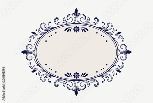 Ornate vintage frame with intricate swirls and floral patterns in dark blue color on a light cream colored background.