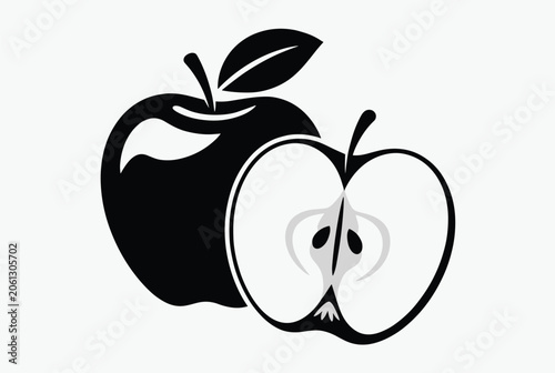 Black and white silhouette of two apples with one fruit cut in half to show the internal core and seeds in a minimalist style.