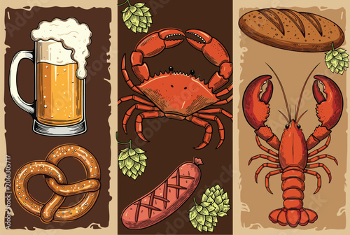 Three vertical panels showcasing a glass of beer with a pretzel a red crab with a sausage and a lobster with brown bread.