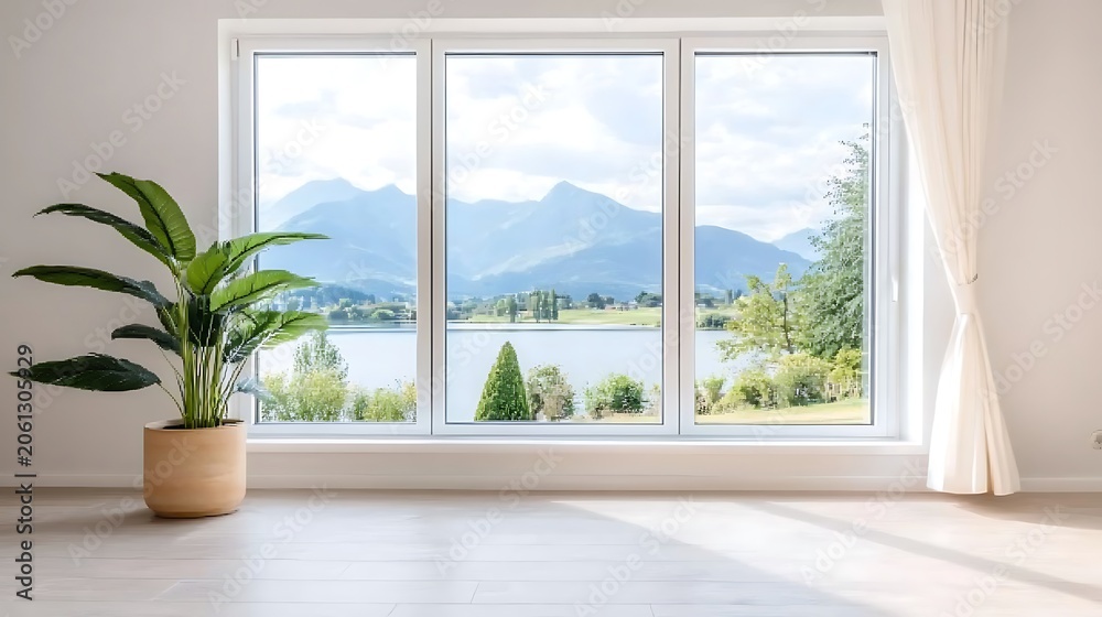 Fototapeta premium Bright Modern Room with Large Window Overlooking Lake and Mountain Landscape, Minimalist Interior Design