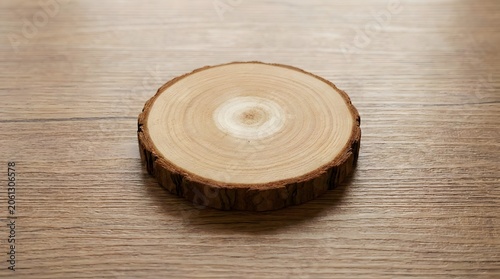Natural wood slice display stand for product presentation on a rustic textured wooden surface background