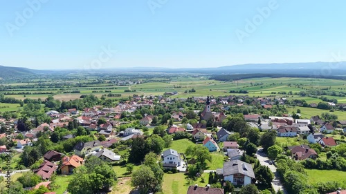 Wuerflach in Lower Austria. Scenic rural landscape at the foothills of the Vienna Alps on a sunny day.