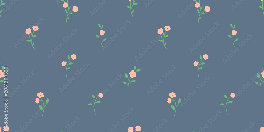 Fototapeta premium Minimal flower seamless print with ditsy little blossoms and foliage on dark background, floral tiny pattern, repeating endless backdrop