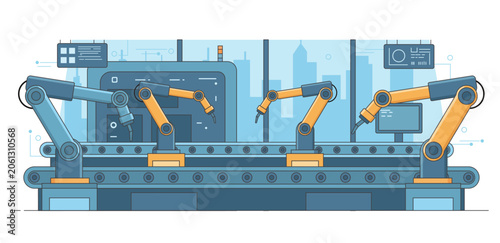 Industrial robotic arms operating on smart factory assembly line with automation system and modern manufacturing technology concept