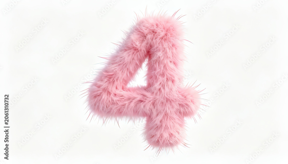 Fototapeta premium Pink Furry Number Four Isolated on White Background