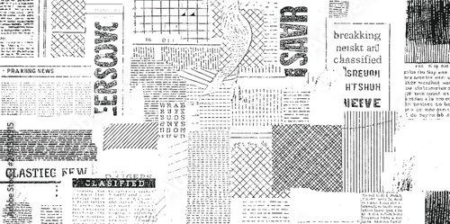 Black and white collage of newspaper clippings and with text and patterns